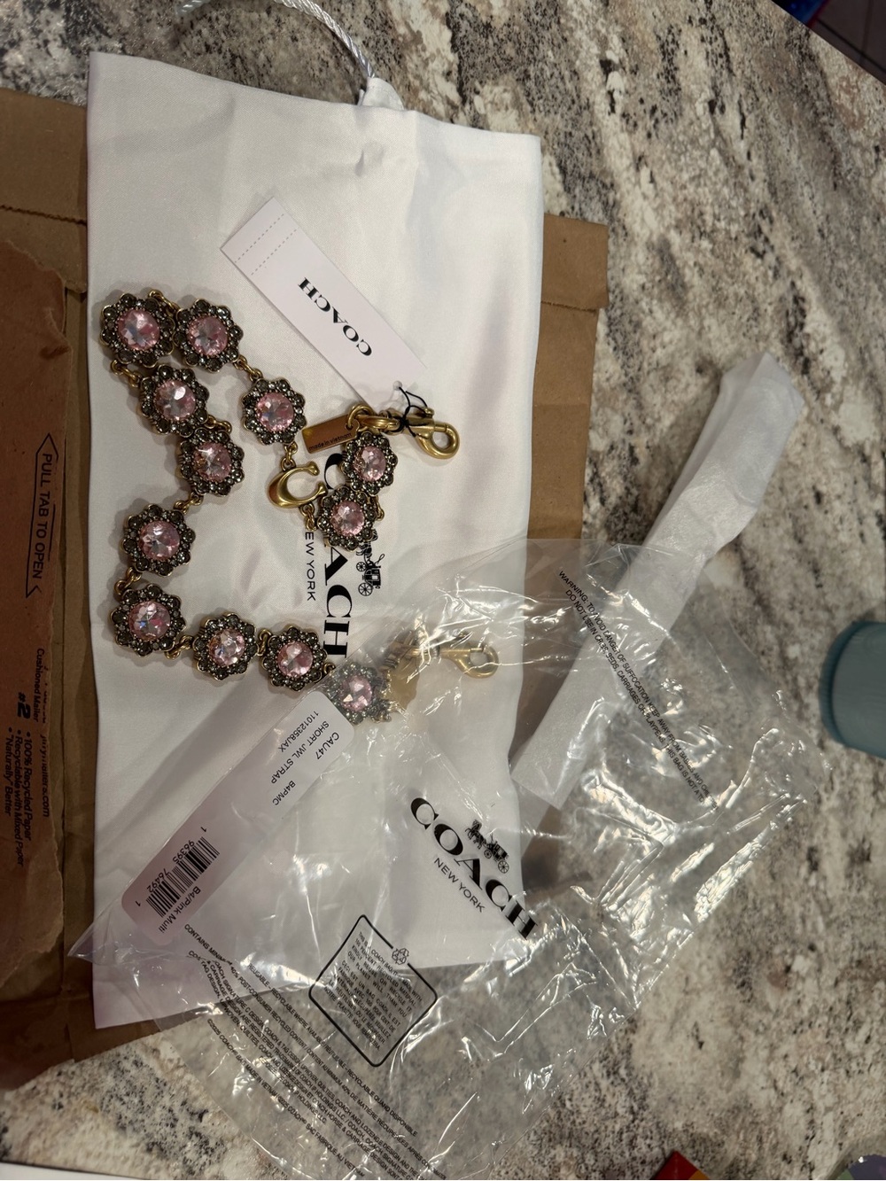 COACH Pink/brass hardware short jewelry chain for handbags